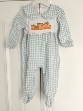Baby boy pumpkin fall blue gray gingham footie 12m